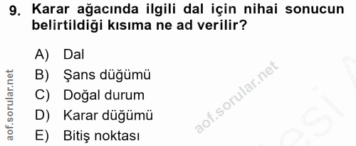9. soru: Karar ağacında ilgili dal için nihai sonucun belirtildiği kısıma ne ad verilir? A) Dal B) Şans düğümü C) Doğal durum…