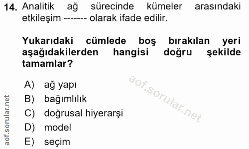 14. soru: Analitik ağ sürecinde kümeler arasındaki etkileşim -- - olarak ifade edilir. Yukarıdaki cümlede boş bırakılan yeri aş…