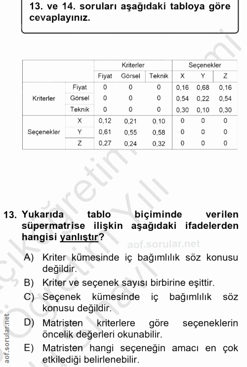 13. soru: ve 14. soruları aşağıdaki tabloya göre cevaplayınız. Kriterler Seçenekler Fiyat Görsel Teknik Y Fiyat 0,16 0,68 0,16…