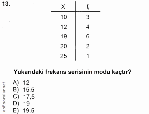 13. soru: 10 3 12 4 19 6 20 2 25 1 Yukarıdaki frekans serisinin modu kaçtır? A) 12 B) 15,5 C) 17,5 D) 19 E) 19,5