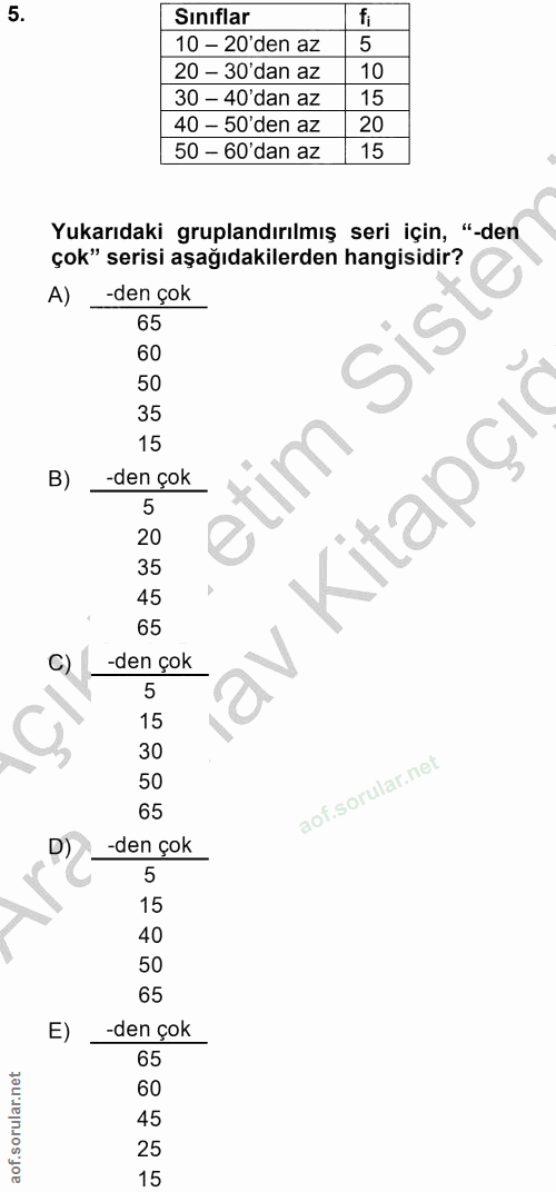 5. soru: Siniflar 10 - 20 den az 5 20 - 30'dan az 10 30 - 40'dan az 15 40 - 50' den az 20 50 - 60'dan az 15 Yukarıdaki gruplan…