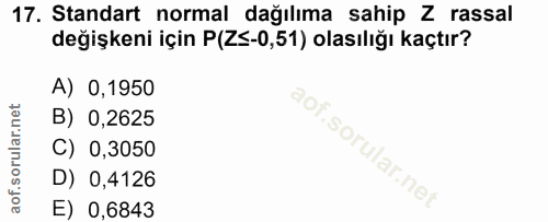 17. soru: Standart normal dağılıma sahip Z rassal değişkeni için P(ZS-0,51) olasılığı kaçtır? A) 0,1950 B) 0,2625 C) 0,3050 D)…