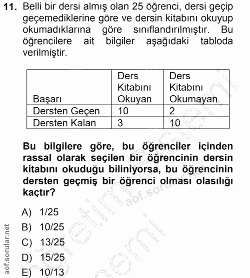 11. soru: Belli bir dersi almış olan 25 öğrenci, dersi geçip geçemediklerine göre ve dersin kitabını okuyup okumadıklarına göre…