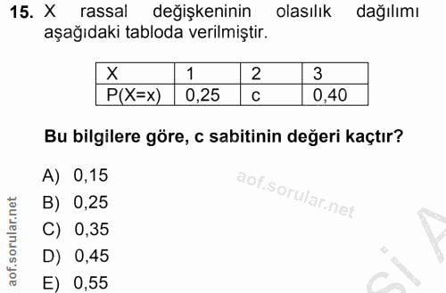 15. soru: X rassal değişkeninin olasılık dağılımı aşağıdaki tabloda verilmiştir. 2 3 P(X=x) 0,25 0,40 Bu bilgilere göre, c sabi…