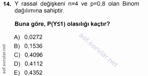 14. soru: Y rassal değişkeni n=4 ve p=0,8 olan Binom dağılımına sahiptir. Buna göre, P(Y≤1) olasılığı kaçtır? A) 0,0272 B) 0,15…