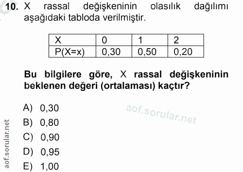 10. soru: X rassal degişkeninin olasılık dağılımı aşağıdaki tabloda verilmiştir. X 1 2 P(X=x) 0,30 0,50 0,20 Bu bilgilere göre,…