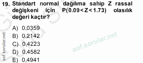 19. soru: Standart normal dağılıma sahip Z rassal değişkeni için P(0.09<Z<1.73) olasılık değeri kaçtır? A) 0,0359 B) 0,2142 C)…