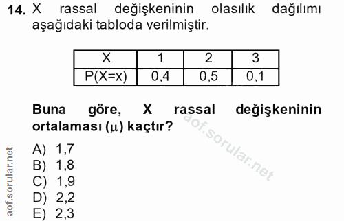 14. soru: X rassal değişkeninin olasılık dağılımı aşağıdaki tabloda verilmiştir. 1 2 3 P(X=x) 0,4 0,5 0,1 Buna göre, X rassal d…