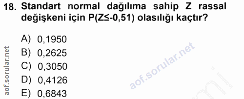 18. soru: Standart normal dağılıma sahip Z rassal değişkeni için P(Z≤-0,51) olasılığı kaçtır? A) 0,1950 B) 0,2625 C) 0,3050 D)…
