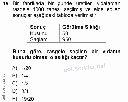 15. soru: Bir fabrikada bir günde üretilen vidalardan rasgele 1000 tanesi seçilmiş ve elde edilen sonuçlar aşağıdaki tabloda ve…