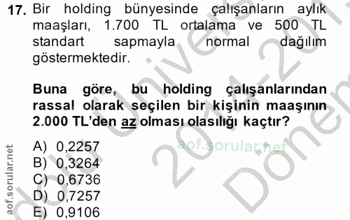 17. soru: Bir holding bünyesinde çalışanların aylık maaşları, 1.700 TL ortalama ve 500 TL standart sapmayla normal dağılım göst…