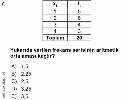 7. soru: x; fi 1 5 2 8 3 4 4 3 Toplam 20 Yukarıda verilen frekans serisinin aritmetik ortalaması kaçtır? A) 1,5 B) 2,25 sorula…