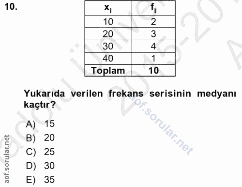 10. soru: 10 2 20 3 30 4 40 1 Toplam 10 Yukarıda verilen frekans serisinin medyanı kaçtır? A) 15 B) 20 C) 25 D) 30 E) 35