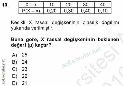 10. soru: X = x 10 20 30 40 P(X = x) 0,20 0,30 0,40 0,10 Kesikli X rassal değişkeninin olasılık dağılımı yukarıda verilmiştir.…
