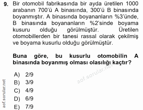 9. soru: Bir otomobil fabrikasında bir ayda üretilen 1000 arabanın 700 ü A binasında, 300 u B binasında boyanmıştır. A binasın…