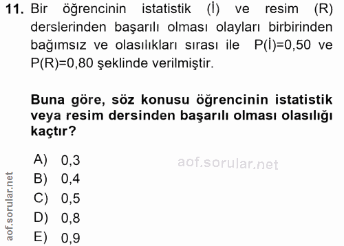 11. soru: Bir öğrencinin istatistik (I) ve resim (R) derslerinden başarılı olması olayları birbirinden bağımsız ve olasılıkları…