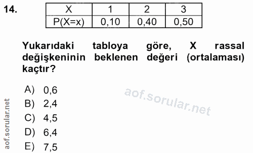 14. soru: 1 2 3 P(X=x) 0,10 0,40 0,50 Yukarıdaki tabloya göre, rassal değişkeninin beklenen değeri (ortalaması) kaçtır? A) 0,6…