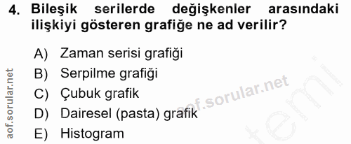 4. soru: Bileşik serilerde değişkenler arasındaki ilişkiyi gösteren grafiğe ne ad verilir? A) Zaman serisi grafiği B) Serpilme…