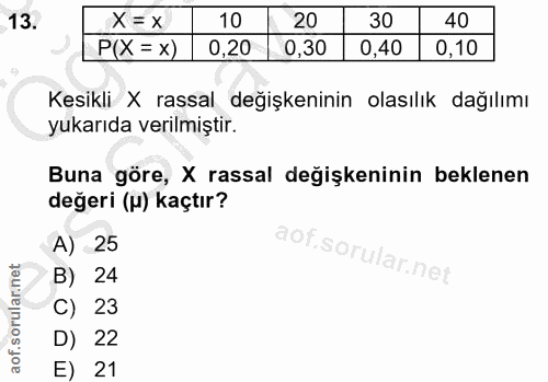 13. soru: X = x 10 20 30 40 P(X = x) 0,20 0,30 0,40 0,10 Kesikli X rassal değişkeninin olasılık dağılımı yukarıda verilmiştir.…