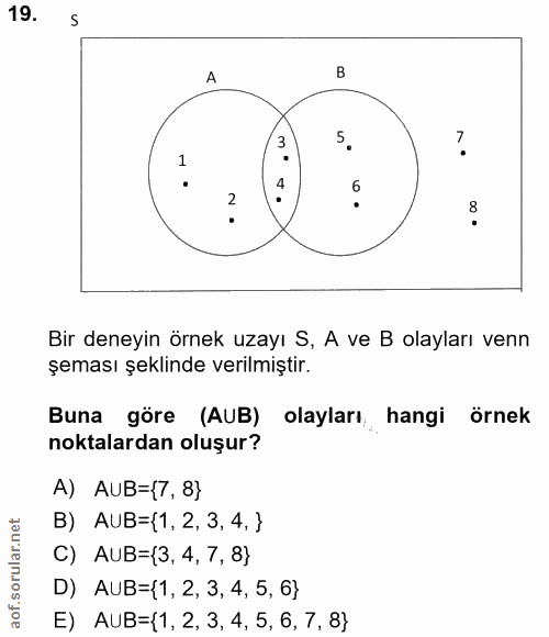 19. soru: A 3. Bir deneyin örnek uzayı S, A ve B olayları venn şeması şeklinde verilmiştir. Buna göre (AUB) olayları,. hangi ör…