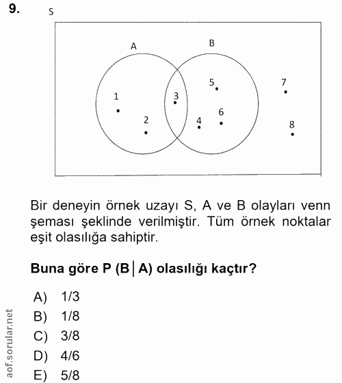 9. soru: S A 3 4 Bir deneyin örnek uzayı S, A ve B olayları venn şeması şeklinde verilmiştir. Tüm örnek noktalar eşit olasılığ…