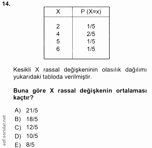 14. soru: P (X=x) 2 1/5 4 2/5 5 1/5 6 1/5 Kesikli X rassal değişkeninin olasılık dağılımı yukarıdaki tabloda verilmiştir. Buna…