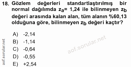 18. soru: Gözlem değerleri standartlaştırılmış bir normal dağılımda Za= 1,24 ile bilinmeyen zb değeri arasında kalan alan, tüm…