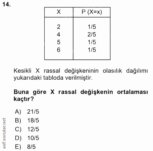 14. soru: P (X=x) 2 1/5 4 2/5 5 1/5 1/5 Kesikli X rassal değişkeninin olasılık dağılımı yukarıdaki tabloda verilmiştir. Buna gö…