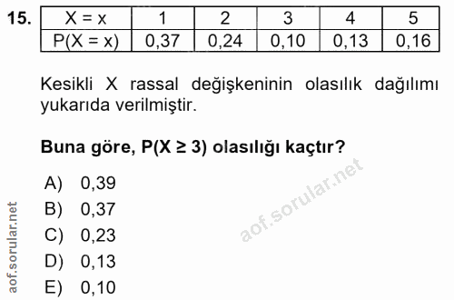 15. soru: X = x 1 2 3 4 5 P(X=x) 0,37 0,24 0,10 0,13 0,16 Kesikli X rassal değişkeninin olasılık dağılımı yukarıda verilmiştir.…