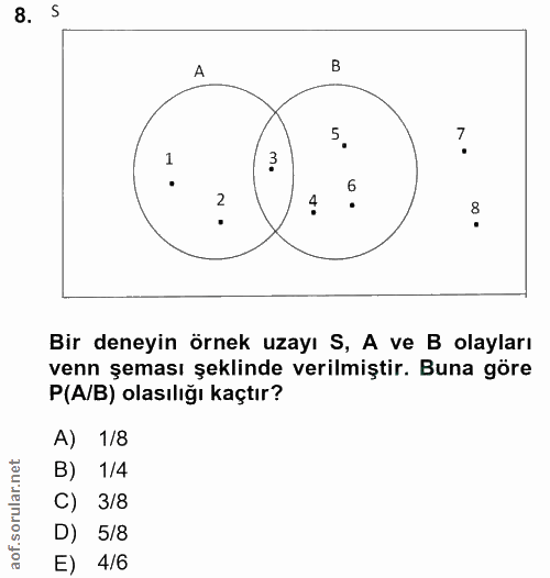 8. soru: S A 4 Bir deneyin örnek uzayı S, A ve B olayları venn şeması şeklinde verilmiştir. Buna göre P(A/B) olasılığı kaçtır?…