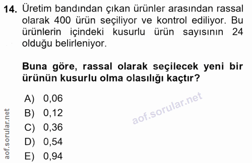 14. soru: Üretim bandından çıkan ürünler arasından rassal olarak 400 ürün seçiliyor ve kontrol ediliyor. Bu ürünlerin içindeki…
