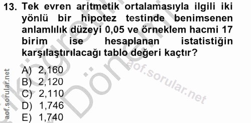13. soru: Tek evren aritmetik ortalamasıyla ilgili iki yönlü bir hipotez testinde benimsenen anlamlılık düzeyi 0,05 ve örneklem…