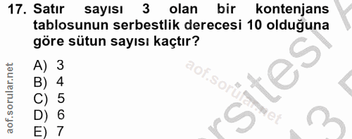 17. soru: Satır sayısı 3 olan bir kontenjans tablosunun serbestlik derecesi 10 olduğuna göre sütun sayısı kaçtır? 4 aof.sorufam…