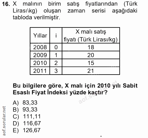 16. soru: X malının birim satış fiyatlarından (Türk Lirası\kg) oluşan zaman serisi aşağıdaki tabloda verilmiştir. Yıllar i X ma…