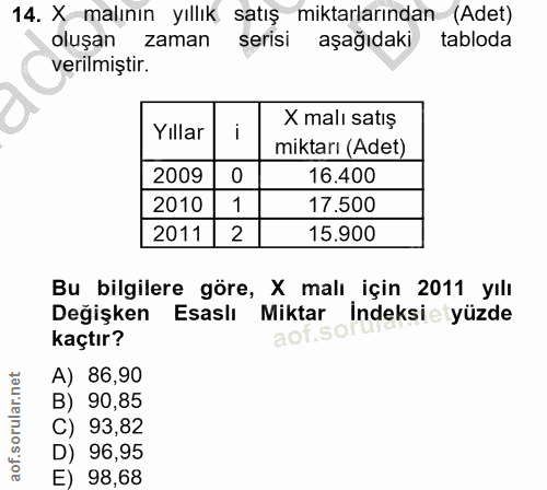 14. soru: X malının yıllık satış miktarlarından (Adet) oluşan zaman serisi aşağıdaki tabloda verilmiştir. Yıllar i X malı satış…