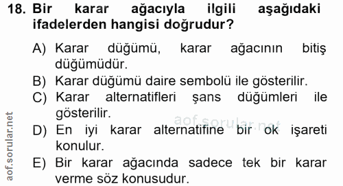 18. soru: Bir karar ağacıyla ilgili aşağıdaki ifadelerden hangisi doğrudur? A) Karar düğümü, karar ağacının bitiş düğümüdür. B)…