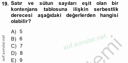 19. soru: Satır ve sütun sayıları eşit olan bir kontenjans tablosuna ilişkin serbestlik derecesi aşağıdaki değerlerden hangisi…