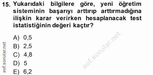 15. soru: Yukarıdaki bilgilere göre, yeni öğretim sisteminin başarıyı arttırıp arttırmadığına ilişkin karar verirken hesaplanac…