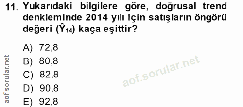 11. soru: Yukarıdaki bilgilere göre, doğrusal trend denkleminde 2014 yılı için satışların öngörü değeri (Ý14) kaça eşittir? A)…