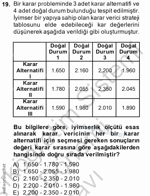 19. soru: Bir karar probleminde 3 adet karar alternatifi ve 4 adet doğal durum bulunduğu tespit edilmiştir. İyimser bir yapıya…