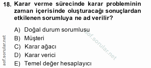 18. soru: Karar verme sürecinde karar probleminin zaman içerisinde oluşturacağı sonuçlardan etkilenen sorumluya ne ad verilir?…