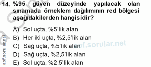 14. soru: %95 güven düzeyinde yapılacak olan sınamada örneklem dağılımının red bölgesi aşağıdakilerden hangisidir? A) Sol uçta,…