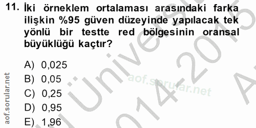 11. soru: İki örneklem ortalaması arasındaki farka ilişkin %95 güven düzeyinde yapılacak tek yönlü bir testte red bölgesinin or…