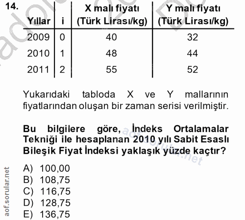 14. soru: X malı fiyatı Y malı fiyatı Yıllar (Türk Lirasi/kg) (Türk Lirası/kg) 2009 0 40 32 2010 1 48 44 2011 2 55 52 Yukarıdak…