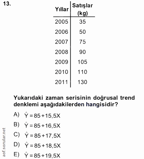 13. soru: Yıllar Satışlar (kg) 2005 35 2006 50 2007 75 2008 90 2009 105 2010 110 2011 130 Yukarıdaki zaman serisinin doğrusal t…