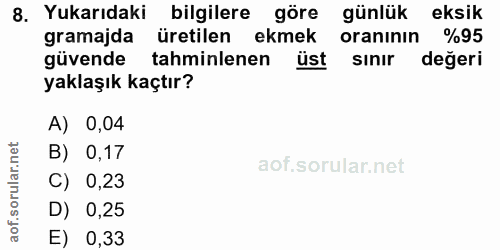 8. soru: Yukarıdaki bilgilere göre günlük eksik gramajda üretilen ekmek oranının %95 güvende tahminlenen üst sinir değeri yakl…