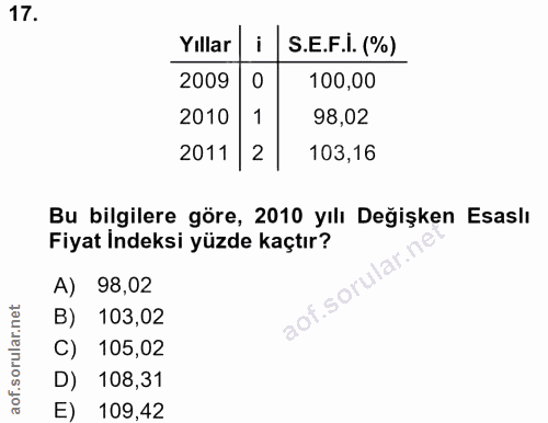 17. soru: Yıllar | i | S.E.F.i. (%) 2009 0 100,00 2010 1 98,02 2011/ 2 103,16 Bu bilgilere göre, 2010 yılı Değişken Esaslı Fiya…
