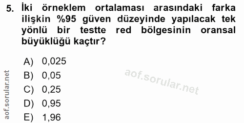 5. soru: Iki örneklem ortalaması arasındaki farka ilişkin %95 güven düzeyinde yapılacak tek yönlü bir testte red bölgesinin or…