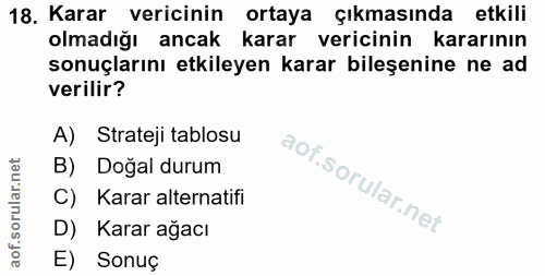 18. soru: Karar vericinin ortaya çıkmasında etkili olmadığı ancak karar vericinin kararının sonuçlarını etkileyen karar bileşen…