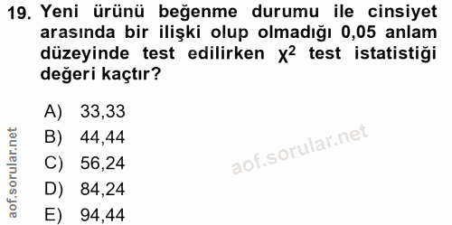 19. soru: Yeni ürünü beğenme durumu ile cinsiyet arasında bir ilişki olup olmadığı 0,05 anlam düzeyinde test edilirken X2 test…
